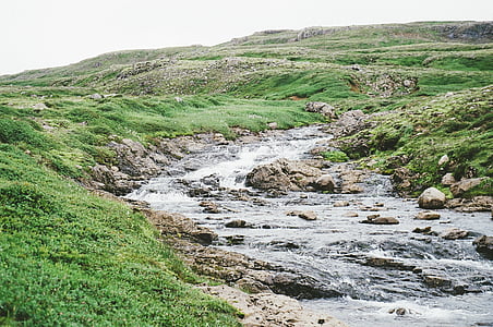 vesi, Stream, Rocks, ruoho, kentät, Hills, vihreä