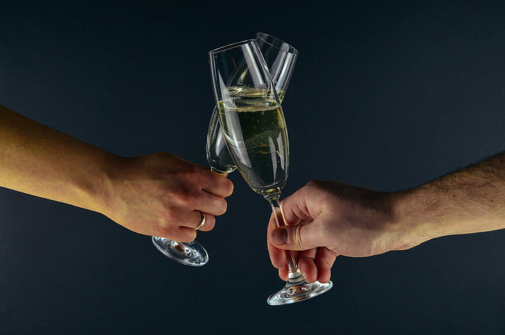 dois, pessoas, brinde, champanhe, festa, véspera de ano novo, óculos