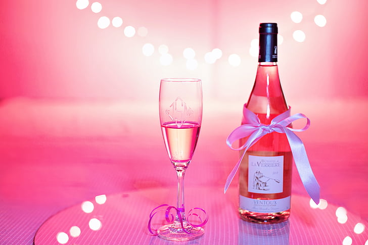 roza vina, šampanjec, praznovanje, roza, Valentinovo, Poroka, stranka