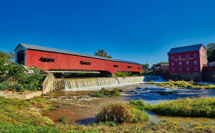 puente cubierto, Bridgeton, Indiana, paisaje, rojo, corriente, Creek