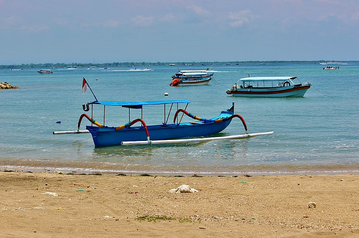 bali, boat, indonesian, indonesia, beach, blue, sand
