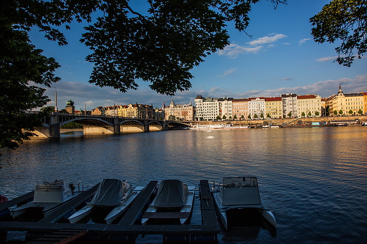 Praga, vaixell, riu, ciutat, flueixen, l'aigua, náplavka