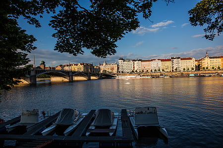 Prague, navire, rivière, ville, s’écoulant, eau, náplavka