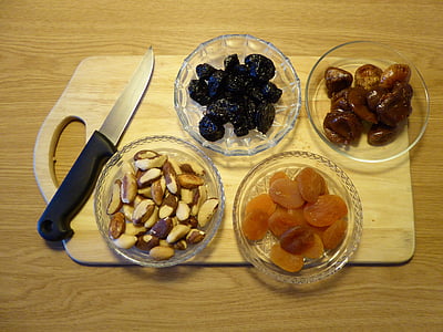 dried fruit, nuts, brazil nuts, plums, figs, apricots, food