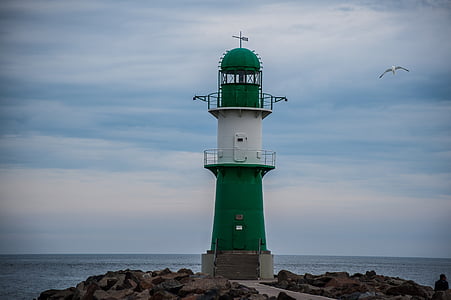 Mund-Hafen zu warnen, Leuchtturm, Grün, Ostsee, Rostock, Deutschland, Himmel