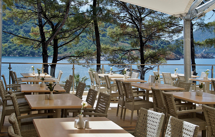 Restorāns, krēsls, tabulas, dārza restorānā, āra, jūra, Terase