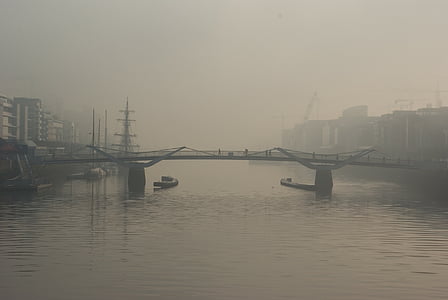 bridge, river, fog, travel, architecture, landmark, urban