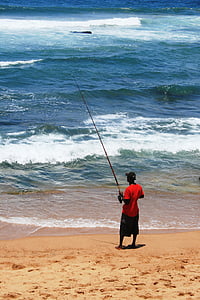 pescador, homem, pesca, sozinho, praia, areia, Costa