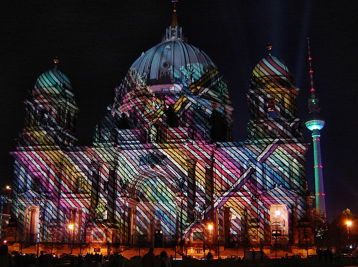 Berlin cathedral, Dom, Berlin, Işıklar şehri, gece, Işıklar, Sanat