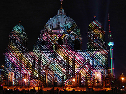 katedralen i Berlin, Dom, Berlin, lysets by, natt, lys, kunst