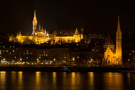 Будапеща, замък, нощта изображение, Унгария, светлини, сграда, град пътуване