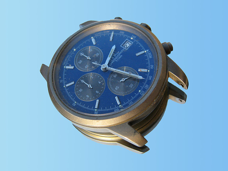 ur, lommeur, blå, markøren, dato