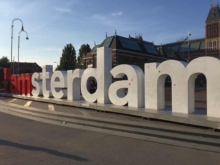Nápis, i am amsterdam, atrakcia, turistické, zaujímavé miesta, znamenie