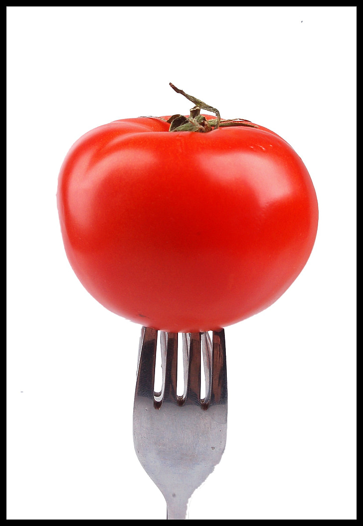 tomat, garpu, tomat merah, alat pemotong, Makan