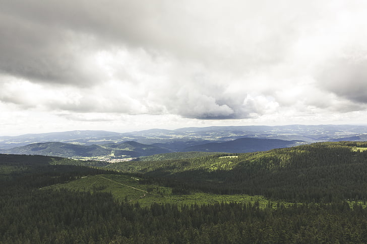 cloudy, forest, hills, idyllic, landscape, mountain range, mountains