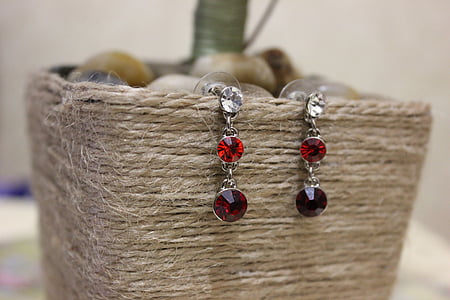 earrings with red stones, jewelry, bijouterie, light background, tenderness, bright, ornament