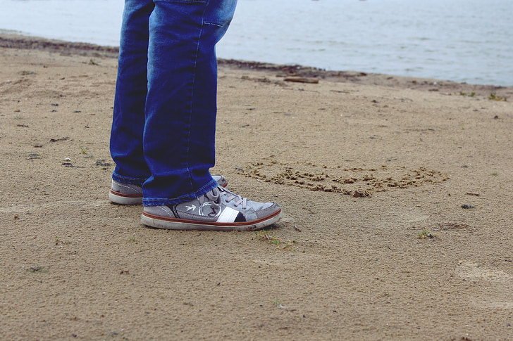 noge, čovjek, cipele, pijesak, plaža, vode, kiša