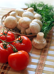 грибы, помидоры, зелень, питание, вкусно, ужин, для гурманов