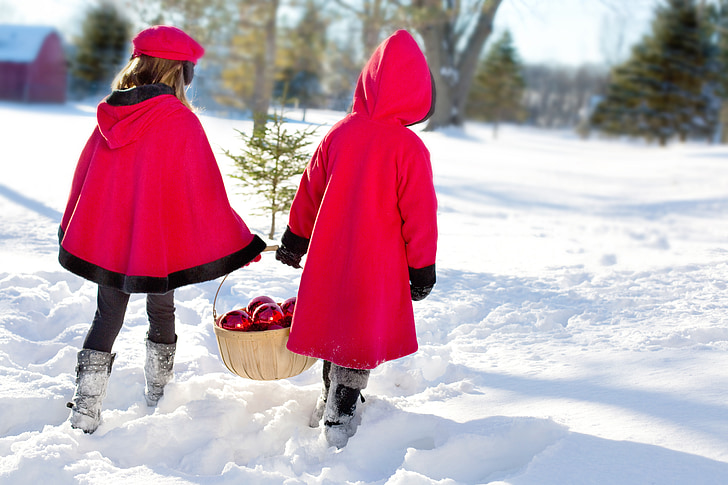 noies de Nadal, nenes, cobert de neu, neu, decoració, l'hivern, Nadal