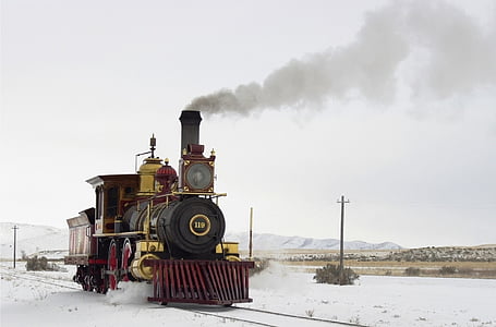 steam locomotive, snow, winter, railway, railroad, train, engine