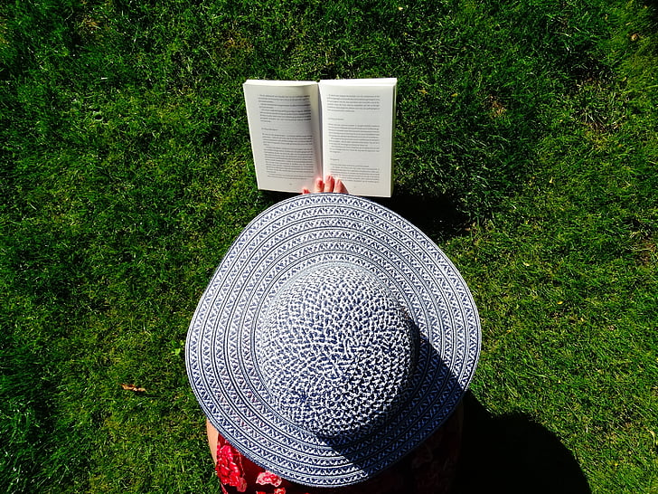 kalap, kert, olvassa el, nyári, Relax, könyvek, fű