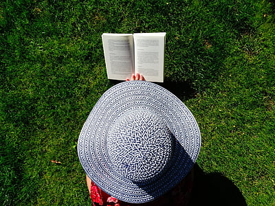 帽子, ガーデン, 読み取り, 夏, リラックス, 書籍, 草