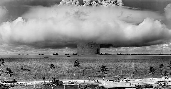nuclear weapons test, nuclear weapon, weapons test, explosion, mushroom cloud, crossroads baker, bikini atoll