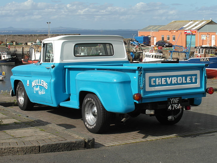 chevrolet, classic, pickup, car, blue, automobile, old car