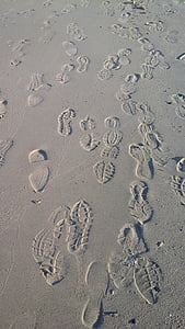 발자국, 모래, 바쁜, 비치