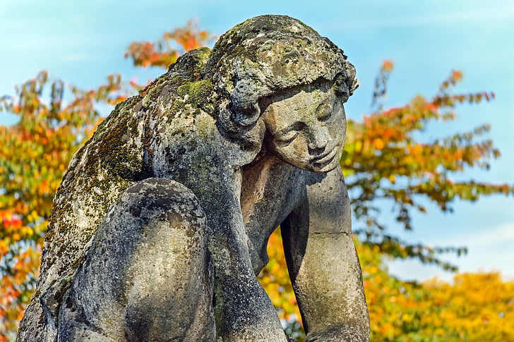 escultura, pedra, Figura, menina, sentado, Kummer, a sofrer