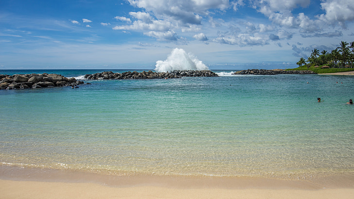 lagoon, ko olina, oahu, hawaii, waves, rocks, beach