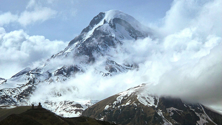 Kazbek, Kaukasuksen, vuoret, pilvet, Georgia