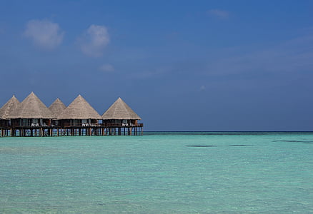 beach, beach hut, blue sky, bungalow, calm waters, exotic, holidays