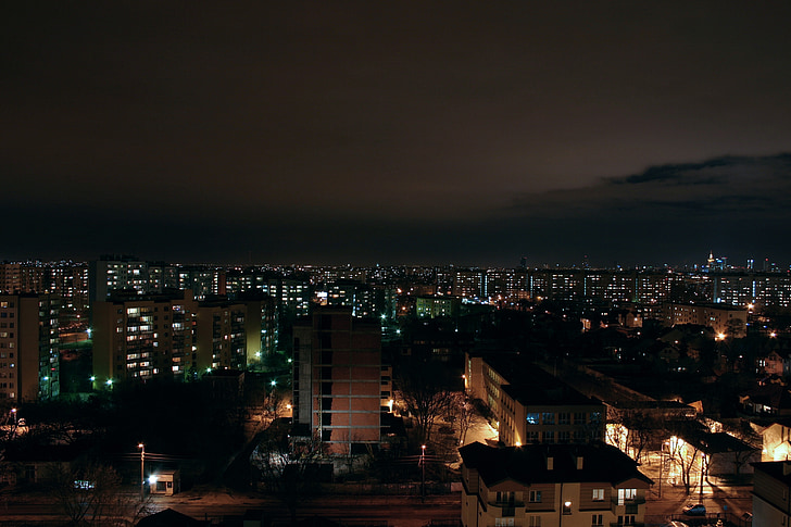 Varsòvia, Polònia, ciutat, panoràmica, nit, llum, aglomeració