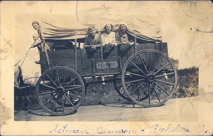 Vintage, täckt vagn, Familj, Migrera, förfäder, resor, Farfar