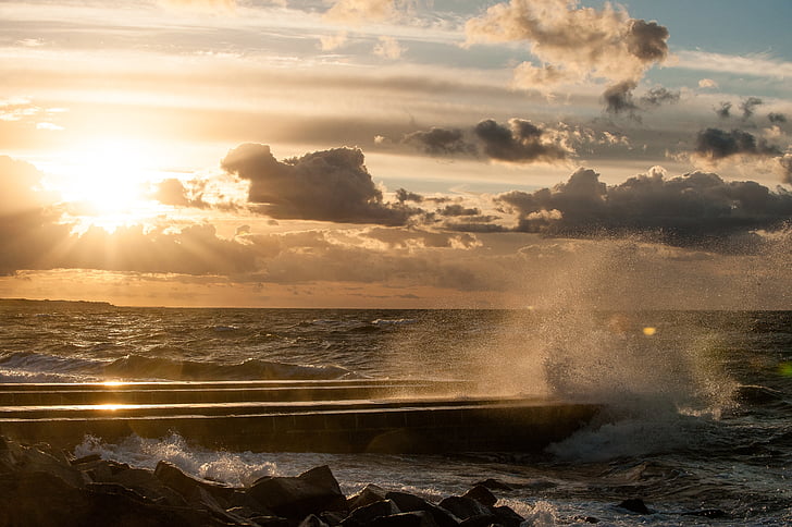 Mar Báltico, Playa, Costa, mar, agua, puesta de sol, cielo
