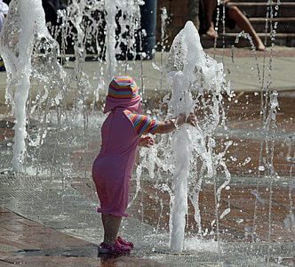 child, water, fountain, wet, splashing, outdoors, people
