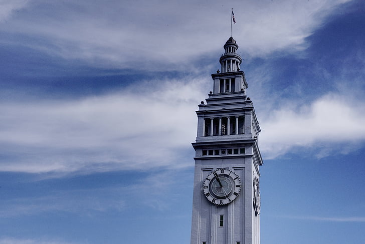Башня с часами, Сан-Франциско, Будильник, Эмбаркадеро, облака, небо, Голубой