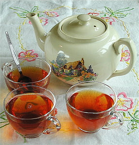 tea, beverage, drink, cups, table, table cloth, teapot