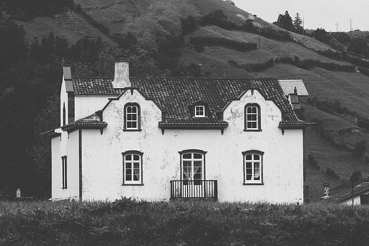 ngôi nhà, Trang chủ, núi, màu đen, trắng, màu xám, màu đen và trắng