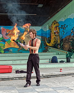 Acrobat, brann, sjonglør, artist, veien, artister, Graffiti