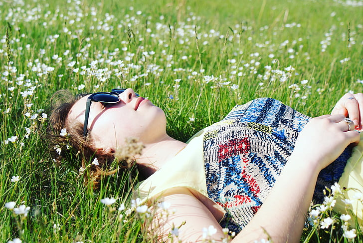 woman, portrait, sunny, flowers, grass, summer, outdoors