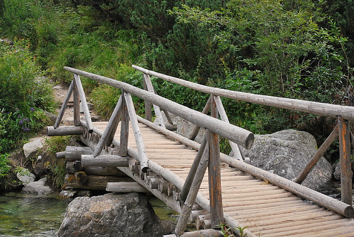 bridge, wooden, river, torrent, brook, wooden bridge, footbridge