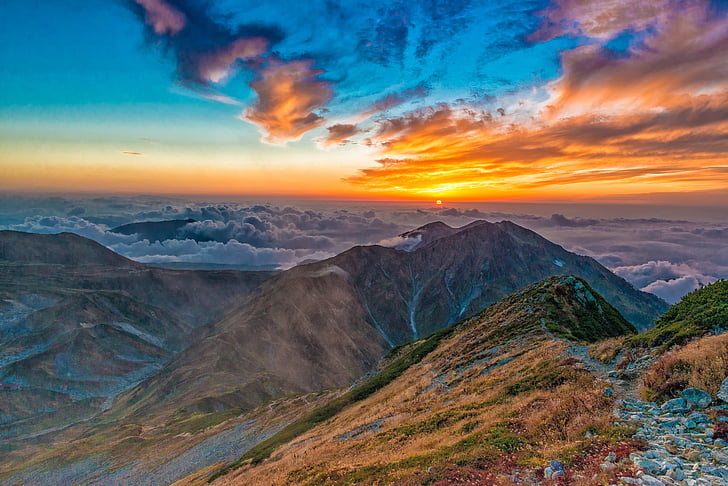 solnedgång, Mountain, hösten, Tateyama, norra Alperna, Japan, september