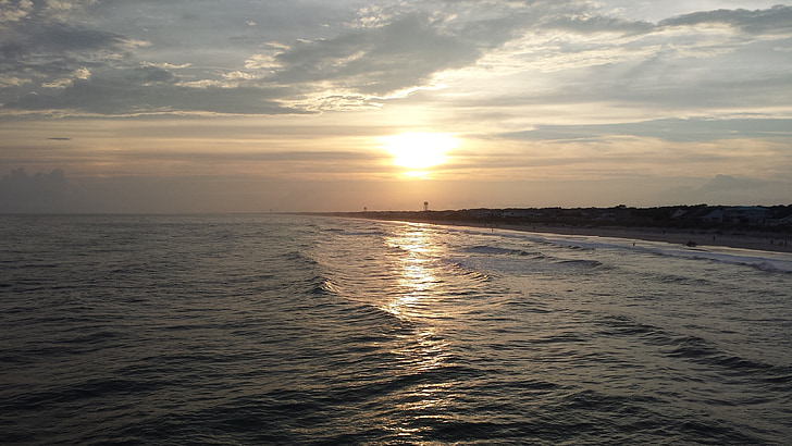 Ilha de carvalho, Lago, praia, oceano, pôr do sol, Carolina do Norte