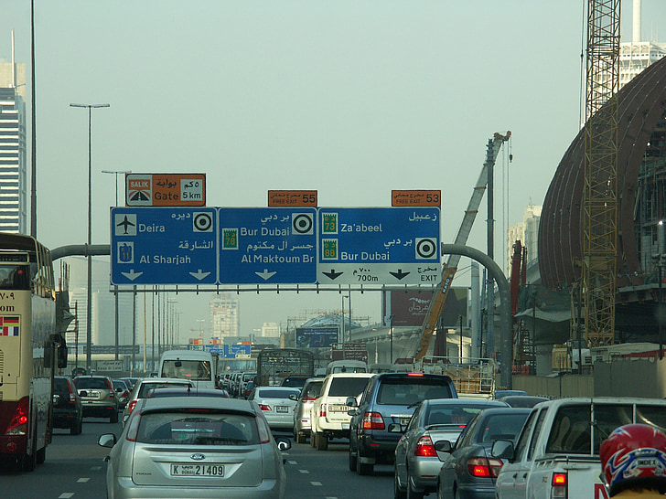 verkeer, Dubai, Verenigde Arabische Emiraten, u l a g e, Jam, verkeersbord, auto 's