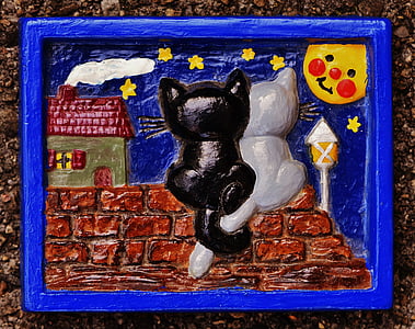 Relief, gipsowe, pracy ręcznej, Kot, Księżyc, siedzieć, ściana