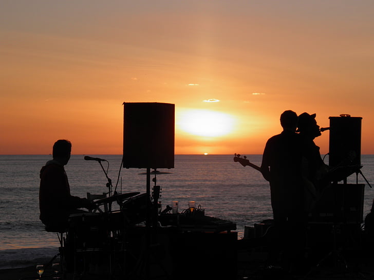 band, outdoors, sunset, sea, holiday, people, musical