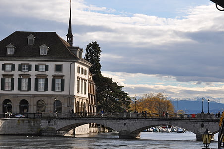 Цюрих, Река, мост, Швейцария, город, Старый, Архитектура