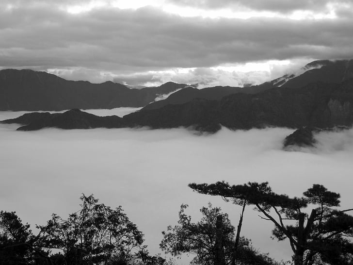 Taiwan, Alishan, skyer nedenfor, svart-hvitt, fjell, natur, landskapet